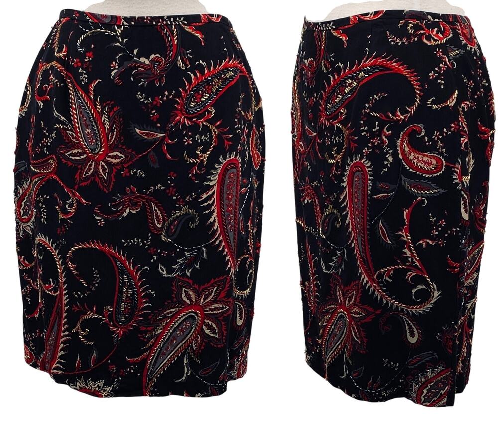 Vintage 90s Beaded Silk Mini Skirt Paisley Print High Rise Black Red Gold Small